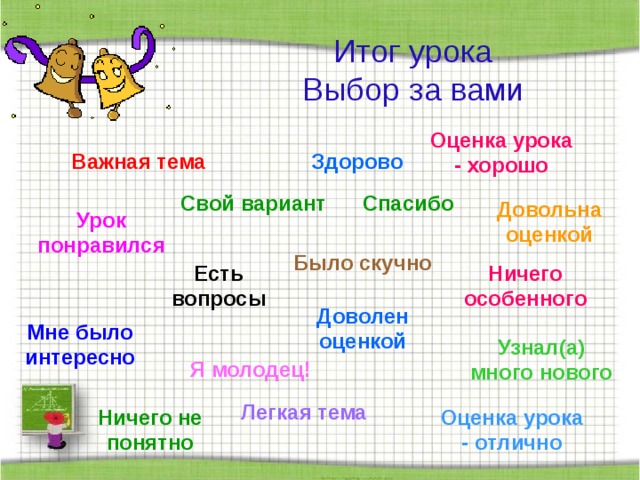 Итог урока Выбор за вами Оценка урока - хорошо Здорово Важная тема Спасибо Свой вариант Довольна оценкой Урок понравился Было скучно Есть вопросы Ничего особенного Доволен оценкой Мне было интересно Узнал(а) много нового Я молодец! Легкая тема Ничего не понятно Оценка урока - отлично 