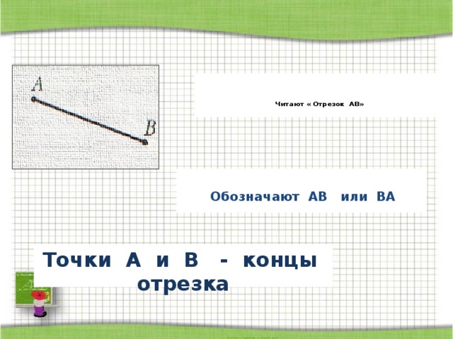      Читают « Отрезок АВ»         Обозначают АВ или ВА   Точки А и В - концы отрезка 