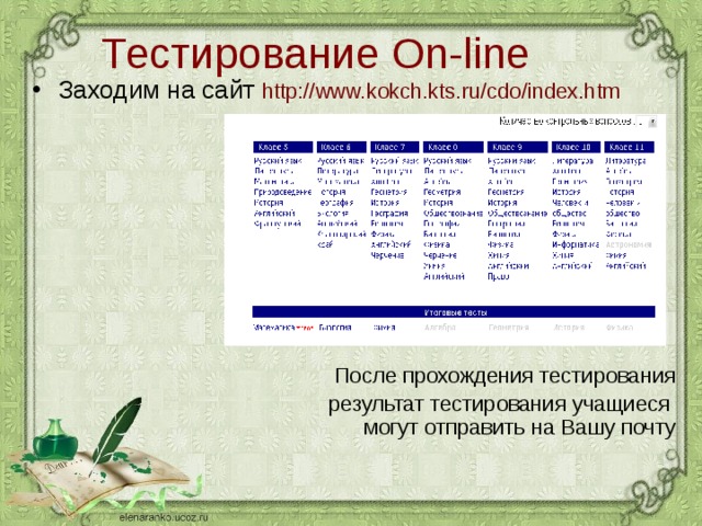 Тестирование On-line Заходим на сайт http:// www.kokch.kts.ru/cdo/index.htm После прохождения тестирования результат тестирования учащиеся  могут отправить на Вашу почту 