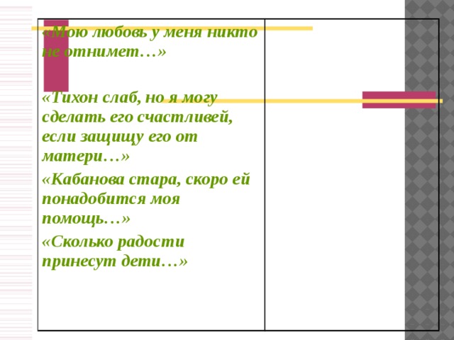 «Мою любовь у меня никто не отнимет…»  «Тихон слаб, но я могу сделать его счастливей, если защищу его от матери…» «Кабанова стара, скоро ей понадобится моя помощь…» «Сколько радости принесут дети…»