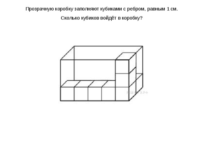 Прозрачную коробку заполняют кубиками с ребром, равным 1 см. Сколько кубиков войдёт в коробку? 