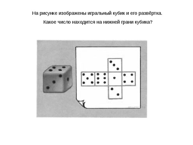 На рисунке изображены игральный кубик и его развёртка. Какое число находится на нижней грани кубика? 