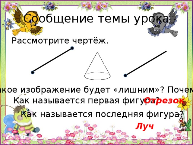 Сообщение темы урока Рассмотрите чертёж. Какое изображение будет «лишним»? Почему? Как называется первая фигура? Отрезок Как называется последняя фигура? Луч 