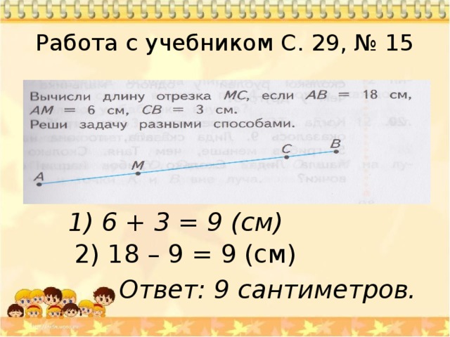 Работа с учебником С. 29, № 15 1) 6 + 3 = 9 (см) 2) 18 – 9 = 9 (см) Ответ: 9 сантиметров. 
