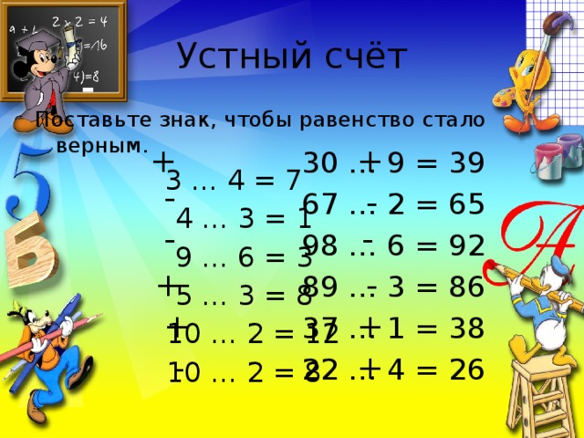 Устный счёт Поставьте знак, чтобы равенство стало верным.  3 … 4 = 7  4 … 3 = 1  9 … 6 = 3  5 … 3 = 8  10 … 2 = 12  10 … 2 = 8 + + 30 … 9 = 39 - - 67 … 2 = 65 - - 98 … 6 = 92 + - 89 … 3 = 86 + + 37 … 1 = 38 - + 22 … 4 = 26 