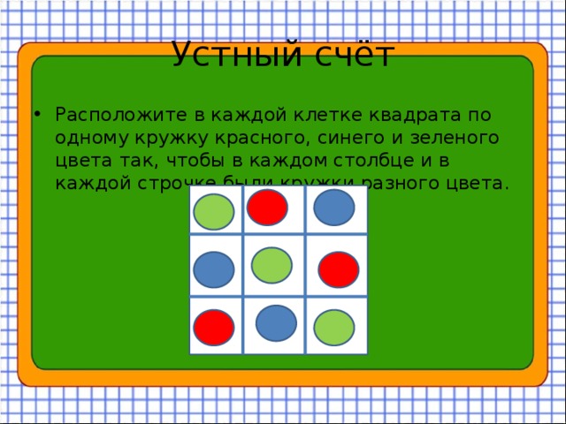 Устный счёт Расположите в каждой клетке квадрата по одному кружку красного, синего и зеленого цвета так, чтобы в каждом столбце и в каждой строчке были кружки разного цвета. 