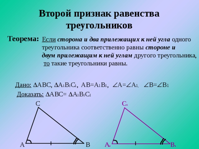 Второй признак равенства треугольников Теорема: Если  сторона и два прилежащих к ней угла одного треугольника соответственно равны стороне и двум прилежащим к ней углам другого треугольника,  то такие треугольники равны.  В=  В 1 Дано:   АВС,  А 1 В 1 С 1 ,  А=  А 1, АВ=А 1 В 1 , Доказать:   АВС=  А 1 В 1 С 1 С С 1 А А 1 В 1 В 