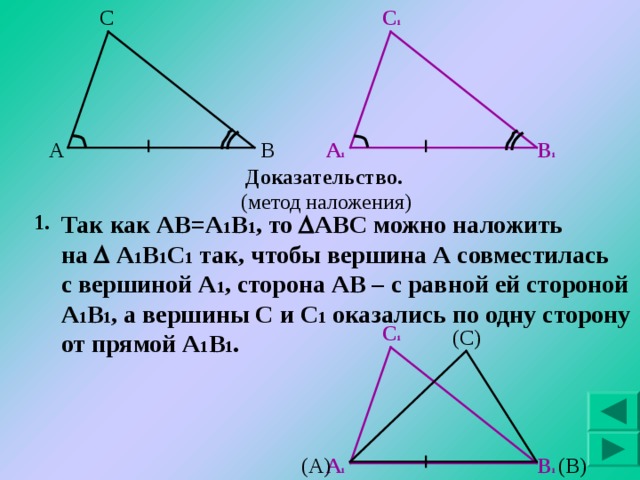 С С 1 В 1 А 1 В А Доказательство. (метод наложения) 1. Так как АВ=А 1 В 1 , то  АВС можно наложить на  А 1 В 1 С 1 так, чтобы вершина А совместилась с вершиной А 1 , сторона АВ – с равной ей стороной А 1 В 1 , а вершины С и С 1 оказались по одну сторону от прямой А 1 В 1 . С 1 (С) В 1 А 1 (В) (А) 