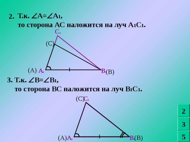 Т.к.  А=  А 1 , то сторона АС наложится на луч А 1 С 1 . 2. С 1 (С) (А) В 1 А 1 (В) Т.к.  В=  В 1 , то сторона ВС наложится на луч В 1 С 1 . 3.  С 1 (С) 2 3 5 В 1 (В) (А) А 1 