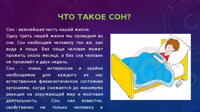 Что такое сон? Сон - важнейшая часть нашей жизни. Одну треть нашей жизни мы проводим во сне. Сон необходим человеку так же, как вода и пища. Без пищи человек может прожить около месяца, а без сна человек не проживёт и двух недель. Сон – очень интересное и крайне необходимое для каждого из нас естественное физиологическое состояние организма, когда снижается до минимума реакция на окружающий мир и мозговая деятельность. Сон, как известно, свойственен не только человеку и млекопитающим, но и многим другим организмам: птицам, рыбам и даже насекомым. 