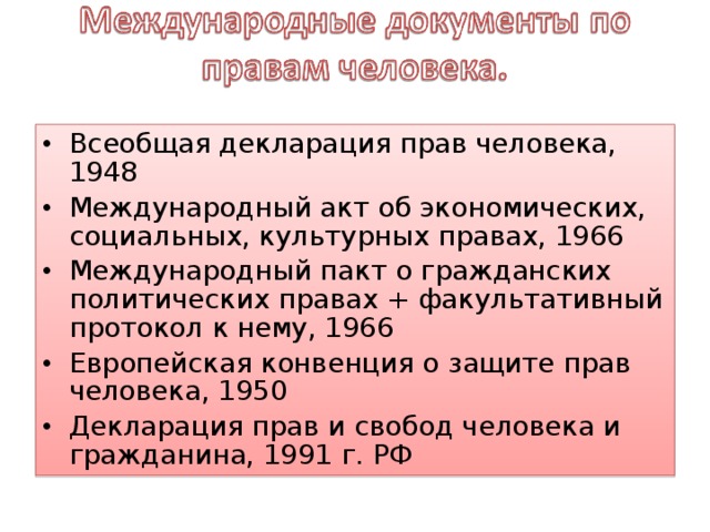 Конвенция 1966. Декларация прав человека. Международные пакты о правах человека. Всеобщая декларация прав человека 1948 г. Международные документы о политических правах.