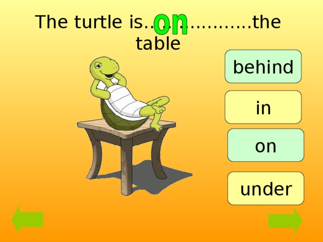 The turtle is…................the table behind in on under 