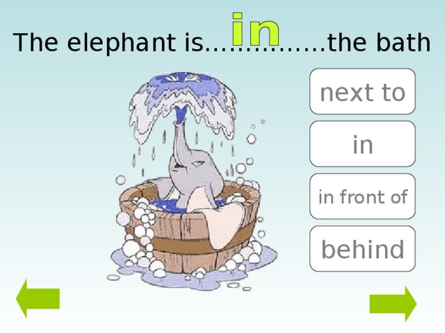 The elephant is……………the bath next to in in front of behind 