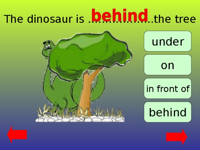 The dinosaur is ..……………..the tree under on in front of behind 