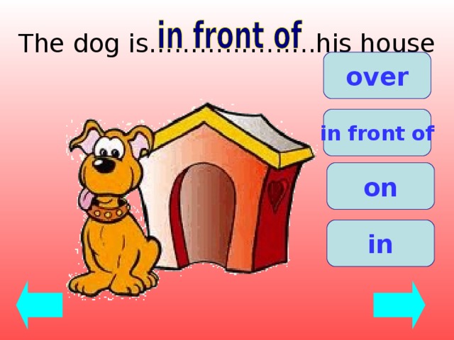 The dog is………………..his house over in front of on in 