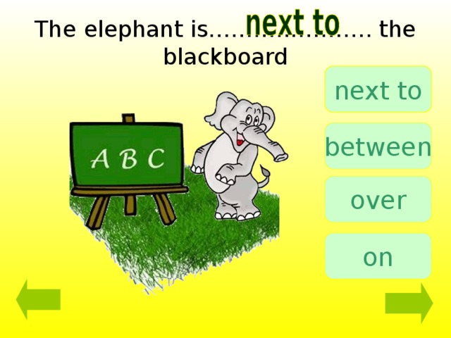 The elephant is………..……….. the blackboard next to between over on 