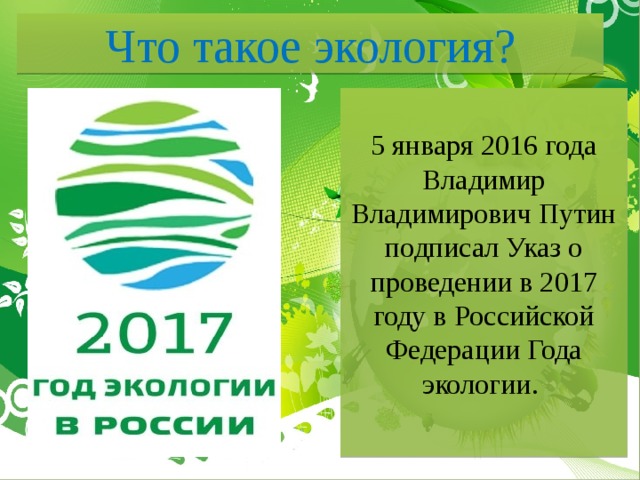 Что такое экология? 5 января 2016 года Владимир Владимирович Путин подписал Указ о проведении в 2017 году в Российской Федерации Года экологии.  