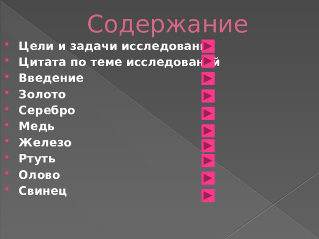 Содержание Цели и задачи исследования Цитата по теме исследований Введение Золото Серебро Медь Железо Ртуть Олово Свинец 