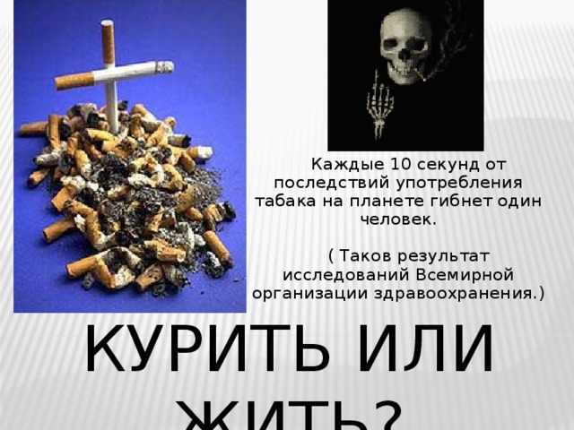 Каждые 10 секунд от последствий употребления табака на планете гибнет один человек. ( Таков результат исследований Всемирной организации здравоохранения.) КУРИТЬ ИЛИ ЖИТЬ?  