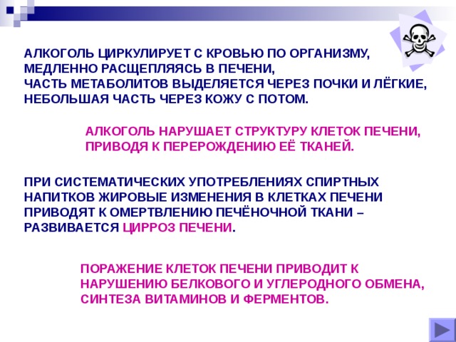 АЛКОГОЛЬ ЦИРКУЛИРУЕТ С КРОВЬЮ ПО ОРГАНИЗМУ, МЕДЛЕННО РАСЩЕПЛЯЯСЬ В ПЕЧЕНИ, ЧАСТЬ МЕТАБОЛИТОВ ВЫДЕЛЯЕТСЯ ЧЕРЕЗ ПОЧКИ И ЛЁГКИЕ, НЕБОЛЬШАЯ ЧАСТЬ ЧЕРЕЗ КОЖУ С ПОТОМ. АЛКОГОЛЬ НАРУШАЕТ СТРУКТУРУ КЛЕТОК ПЕЧЕНИ, ПРИВОДЯ К ПЕРЕРОЖДЕНИЮ ЕЁ ТКАНЕЙ. ПРИ СИСТЕМАТИЧЕСКИХ УПОТРЕБЛЕНИЯХ СПИРТНЫХ НАПИТКОВ ЖИРОВЫЕ ИЗМЕНЕНИЯ В КЛЕТКАХ ПЕЧЕНИ ПРИВОДЯТ К ОМЕРТВЛЕНИЮ ПЕЧЁНОЧНОЙ ТКАНИ – РАЗВИВАЕТСЯ ЦИРРОЗ ПЕЧЕНИ . ПОРАЖЕНИЕ КЛЕТОК ПЕЧЕНИ ПРИВОДИТ К НАРУШЕНИЮ БЕЛКОВОГО И УГЛЕРОДНОГО ОБМЕНА, СИНТЕЗА ВИТАМИНОВ И ФЕРМЕНТОВ. 