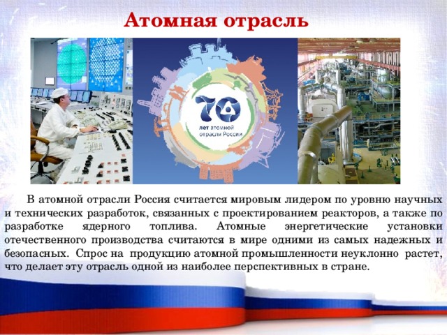 Атомная отрасль  В атомной отрасли Россия считается мировым лидером по уровню научных и технических разработок, связанных с проектированием реакторов, а также по разработке ядерного топлива. Атомные энергетические установки отечественного производства считаются в мире одними из самых надежных и безопасных. Спрос на продукцию атомной промышленности неуклонно растет, что делает эту отрасль одной из наиболее перспективных в стране. 