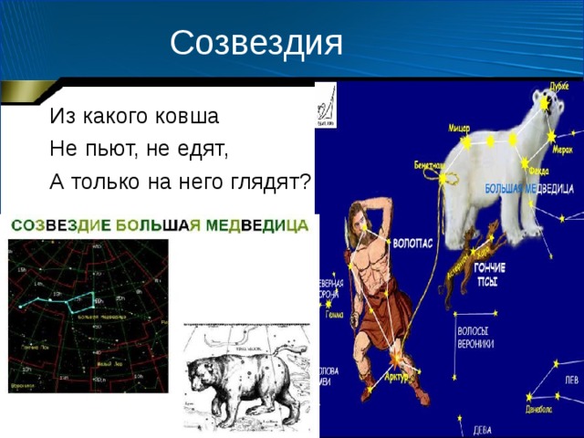  Созвездия Из какого ковша Не пьют, не едят, А только на него глядят? 
