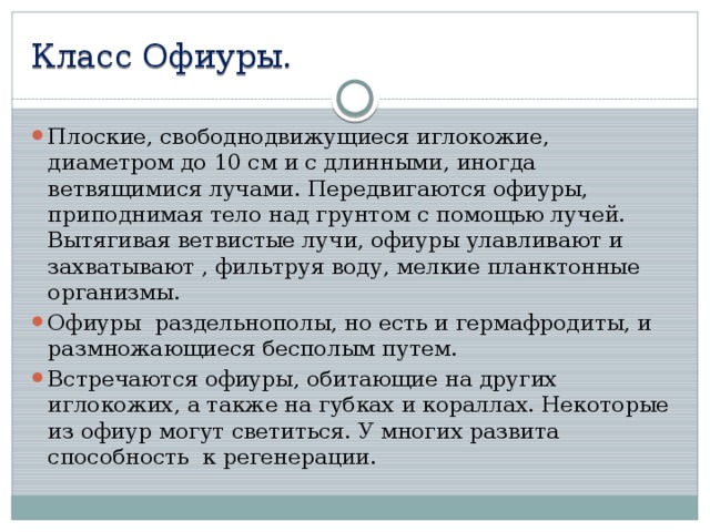 Класс Офиуры. Плоские, свободнодвижущиеся иглокожие, диаметром до 10 см и с длинными, иногда ветвящимися лучами. Передвигаются офиуры, приподнимая тело над грунтом с помощью лучей. Вытягивая ветвистые лучи, офиуры улавливают и захватывают , фильтруя воду, мелкие планктонные организмы. Офиуры раздельнополы, но есть и гермафродиты, и размножающиеся бесполым путем. Встречаются офиуры, обитающие на других иглокожих, а также на губках и кораллах. Некоторые из офиур могут светиться. У многих развита способность к регенерации. 