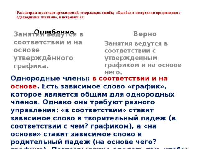   Рассмотрим несколько предложений, содержащих ошибку «Ошибка в построении предложения с однородными членами», и исправим их.    Ошибочно Верно Занятия ведутся в соответствии и на основе утверждённого графика.    Занятия ведутся в соответствии с утвержденным графиком и на основе него.    Однородные члены: в соответствии и на основе . Есть зависимое слово «график», которое является общим для однородных членов. Однако они требуют разного управления: «в соответствии» ставит зависимое слово в творительный падеж (в соответствии с чем? графиком), а «на основе» ставит зависимое слово в родительный падеж (на основе чего? графика). Поэтому нужно сделать так, чтобы слово «график» перестало быть общим зависимым словом.    