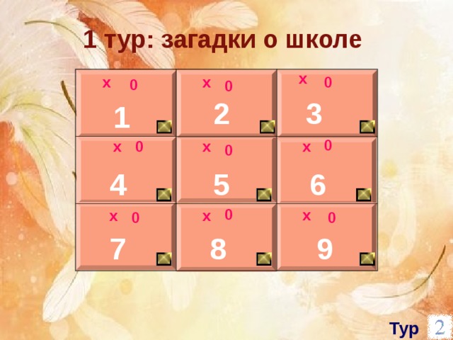 1 тур: загадки о школе х х х 0 0 0 2 3 1 0 0 х х х 0 5 6 4 0 х х х 0 0 7 9 8 Тур 