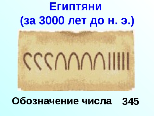 Египтяни  (за 3000 лет до н. э.) Обозначение числа 345 