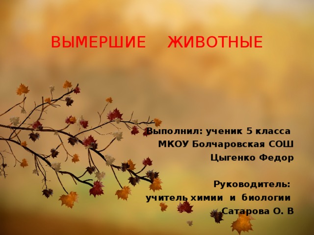 ВЫМЕРШИЕ ЖИВОТНЫЕ Выполнил: ученик 5 класса  МКОУ Болчаровская СОШ Цыгенко Федор  Руководитель:  учитель химии и биологии Сатарова О. В