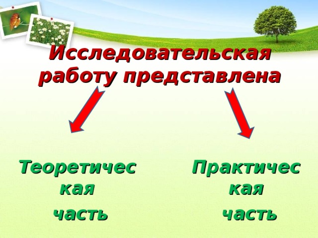Исследовательская работу представлена Практическая  часть Теоретическая  часть