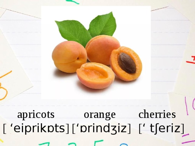 cherries apricots orange [ ‘ tʃeriz ] [  ‘eiprikɒts ] [ ‘ɒrindʒiz ] 