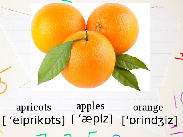 apples [  ‘æplz ] apricots orange [  ‘eiprikɒts ] [ ‘ɒrindʒiz ] 