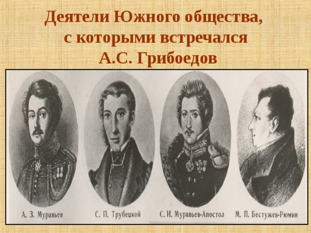 Деятели Южного общества,  с которыми встречался  А.С. Грибоедов В мае 1825 года, возвращаясь из Петербурга на Кавказ, Грибоедов встречается с деятелями Южного общества.  