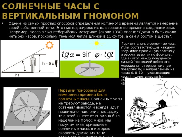 СОЛНЕЧНЫЕ ЧАСЫ С ВЕРТИКАЛЬНЫМ ГНОМОНОМ Одним из самых простых способов определения истинного времени является измерение своей собственной тени. Этот метод широко использовался во времена средневековья. Например, Чосер в 