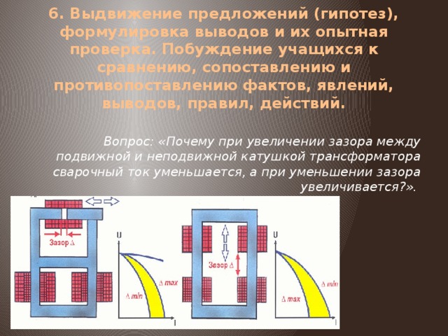 6. Выдвижение предложений (гипотез), формулировка выводов и их опытная проверка. Побуждение учащихся к сравнению, сопоставлению и противопоставлению фактов, явлений, выводов, правил, действий.   Вопрос: «Почему при увеличении зазора между подвижной и неподвижной катушкой трансформатора сварочный ток уменьшается, а при уменьшении зазора увеличивается?». 