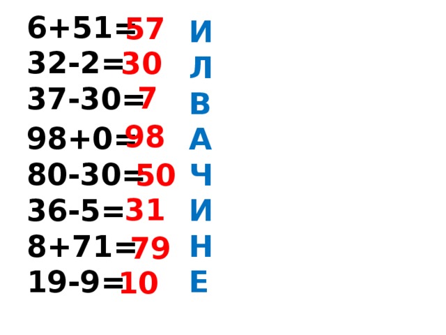 6+51= 32-2= 37-30= 98+0=  80-30= 36-5= 8+71= 19-9=  57 И Л В А Ч И Н Е   30 7 98 50 31 79 10 