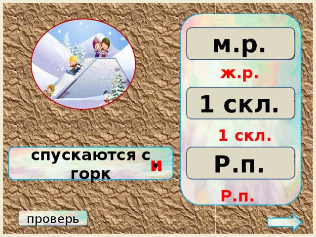 м.р. ж.р. с.р. ж.р. 3 скл. 2 скл. 1 скл. 1 скл. Р.п. спускаются с горк Д.п. П.п. и • Р.п. проверь 