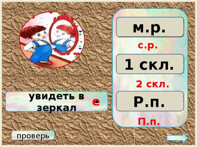 м.р. ж.р. с.р. с.р. 3 скл. 2 скл. 1 скл. 2 скл. Р.п. увидеть в зеркал Д.п. П.п. е • П.п. проверь 