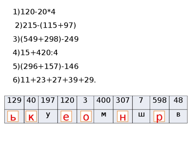 1)120-20*4  2)215-(115+97) 3)(549+298)-249 4)15+420:4 5)(296+157)-146 6)11+23+27+39+29. 129 ь 40 к 197 у 120 3 е о 400 307 м н 7 ш 598 р 48 в к н о е р ь 