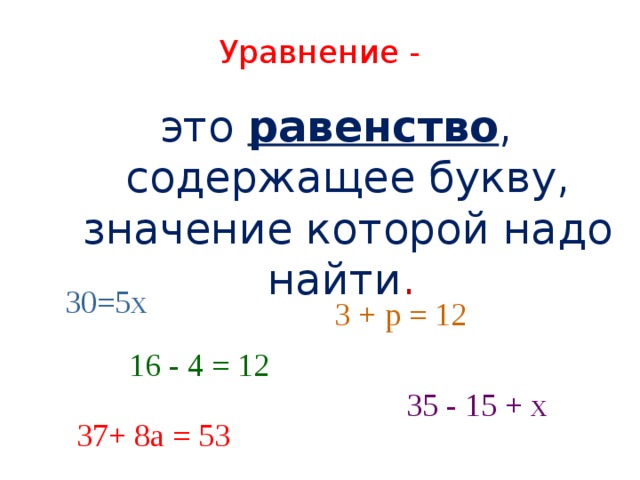 Уравнение - это равенство , содержащее букву, значение которой надо найти . 30=5х 3 + р = 12 16 - 4 = 12 35 - 15 + х 37+ 8а = 53 