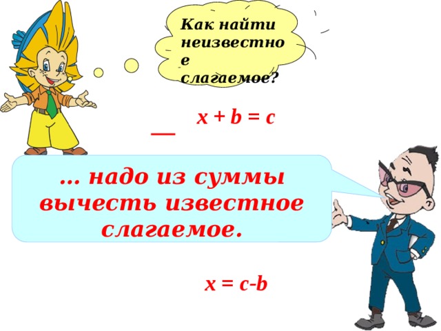 Как найти неизвестное слагаемое?  х + b = c … надо из суммы вычесть известное слагаемое. х = c-b 