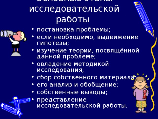 Основные этапы исследовательской работы постановка проблемы; если необходимо, выдвижение гипотезы; изучение теории, посвящённой данной проблеме; овладение методикой исследования; сбор собственного материала; его анализ и обобщение; собственные выводы; представление исследовательской работы. 