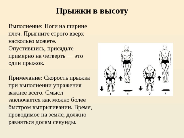 Прыжки в высоту   Выполнение: Ноги на ширине плеч. Прыгните строго вверх насколько можете. Опустившись, присядьте примерно на четверть — это один прыжок. Примечание: Скорость прыжка при выполнении упражения важнее всего. Смысл заключается как можно более быстром выпрыгивании. Время, проводимое на земле, должно равняться долям секунды. 