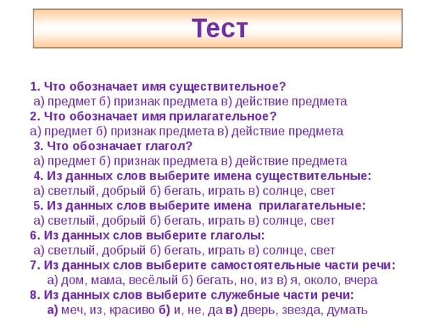 Тест части речи 3 класс презентация