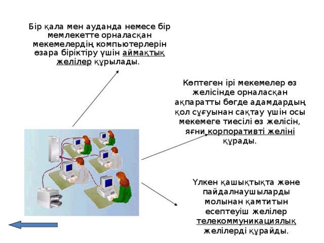 Бір қала мен ауданда немесе бір мемлекетте орналасқан мекемелердің компьютерлерін өзара біріктіру үшін аймақтық желілер құрылады. Көптеген ірі мекемелер өз желісінде орналасқан ақпаратты бөгде адамдардың қол сұғуынан сақтау үшін осы мекемеге тиесілі өз желісін, яғни корпоративті желіні құрады. Үлкен қашықтықта және пайдалнаушыларды молынан қамтитын есептеуіш желілер телекоммуникациялық желілерді құрайды. 