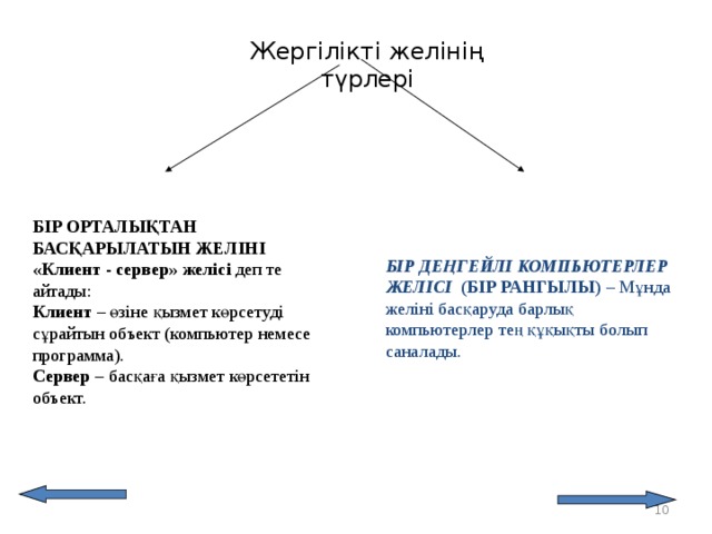 Жергілікті желінің түрлері БІР ОРТАЛЫҚТАН БАСҚАРЫЛАТЫН ЖЕЛІНІ  «Клиент - сервер» желісі деп те айтады:  Клиент – өзіне қызмет көрсетуді сұрайтын объект (компьютер немесе программа).  Сервер – басқаға  қызмет көрсететін объект. БІР ДЕҢГЕЙЛІ КОМПЬЮТЕРЛЕР ЖЕЛІСІ   ( БІР РАНГ ЫЛЫ )  – Мұнда желіні басқаруда барлық компьютерлер тең құқықты болып саналады.  