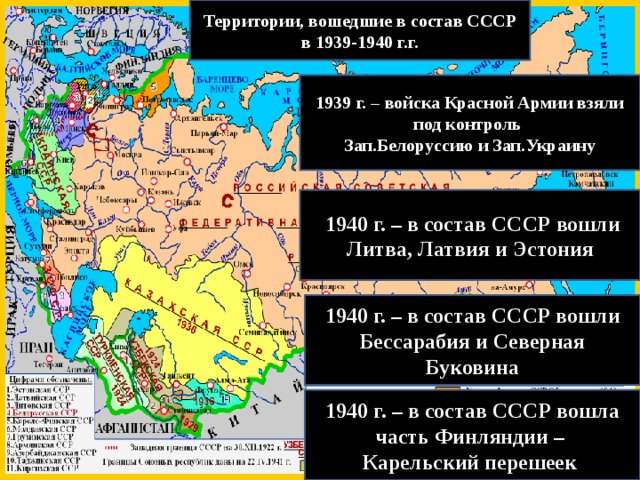 Территории, вошедшие в состав СССР в 1939-1940 г.г. 1939 г. – войска Красной Армии взяли под контроль Зап.Белоруссию и Зап.Украину  1940 г. – в состав СССР вошли Литва, Латвия и Эстония 1940 г. – в состав СССР вошли Бессарабия и Северная Буковина 1940 г. – в состав СССР вошла часть Финляндии – Карельский перешеек 