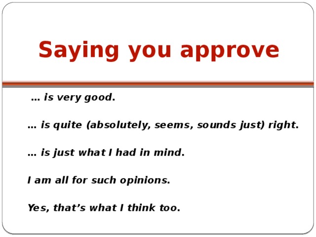 Saying you approve … is very good.  … is quite (absolutely, seems, sounds just) right.  … is just what I had in mind.  I am all for such opinions.  Yes, that’s what I think too.  